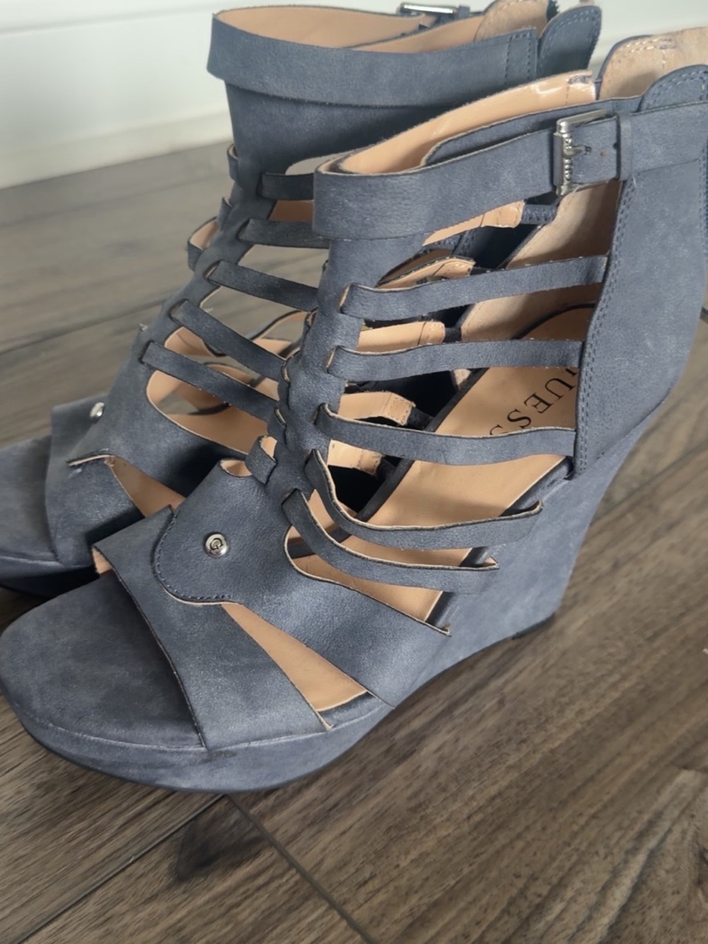 Guess Gray Strappy Suede Wedge Sandals